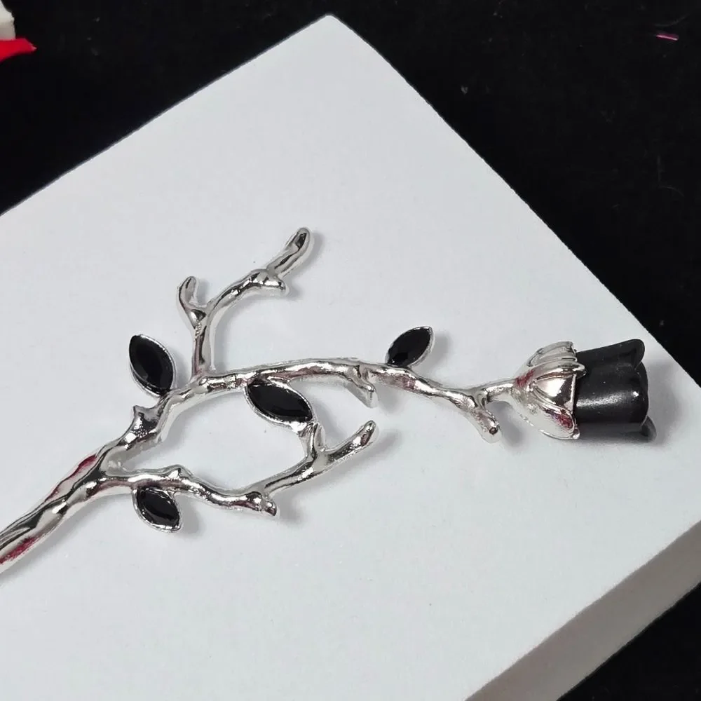 Gothic Black Rose Gunmetal Hair Pin Rhinestone Thorns Dark Romance Long Stick